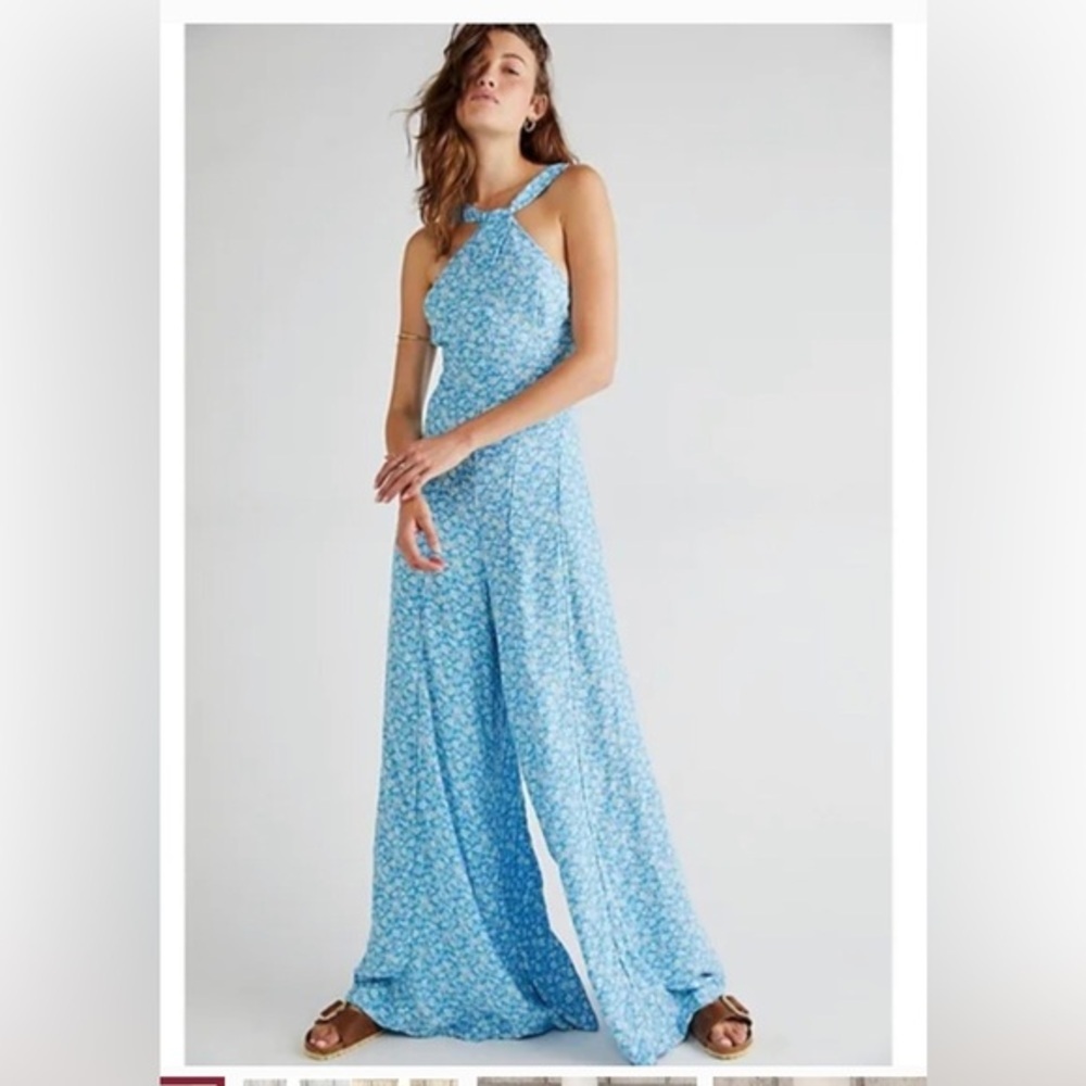 FREE PEOPLE Arlo ice combo blue white floral wide leg Jumpsuit size XS brand new